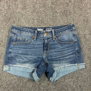 Mossimo Denim Mid-Rise Midi Shorts Blue Raw Hem Super Stretch Size 4 27 Waist
